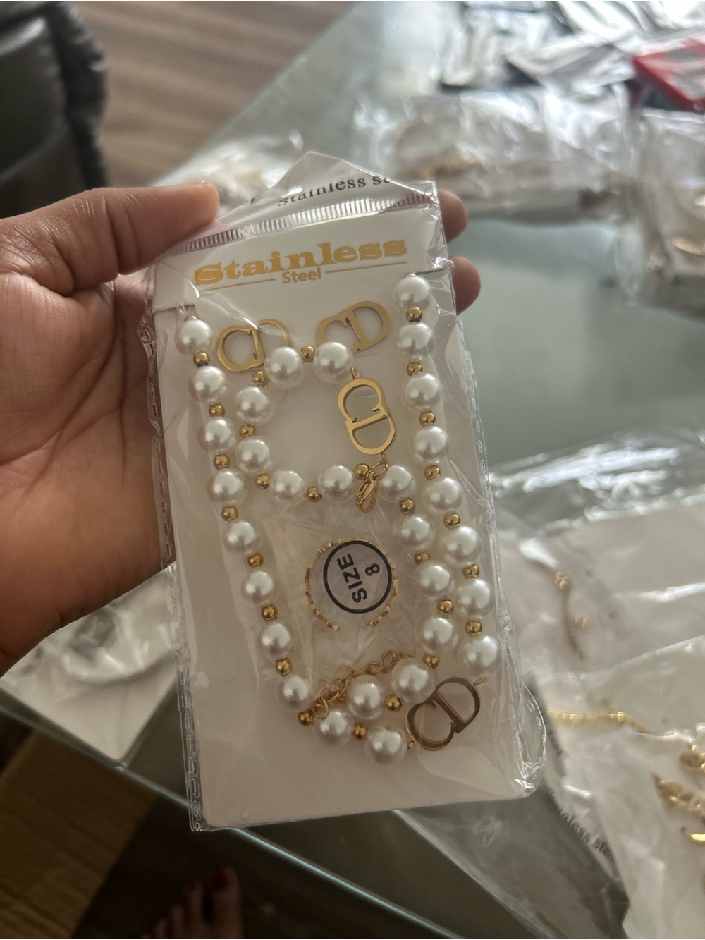 Gold & White Pearl Stainless Steel Bracelet Set by